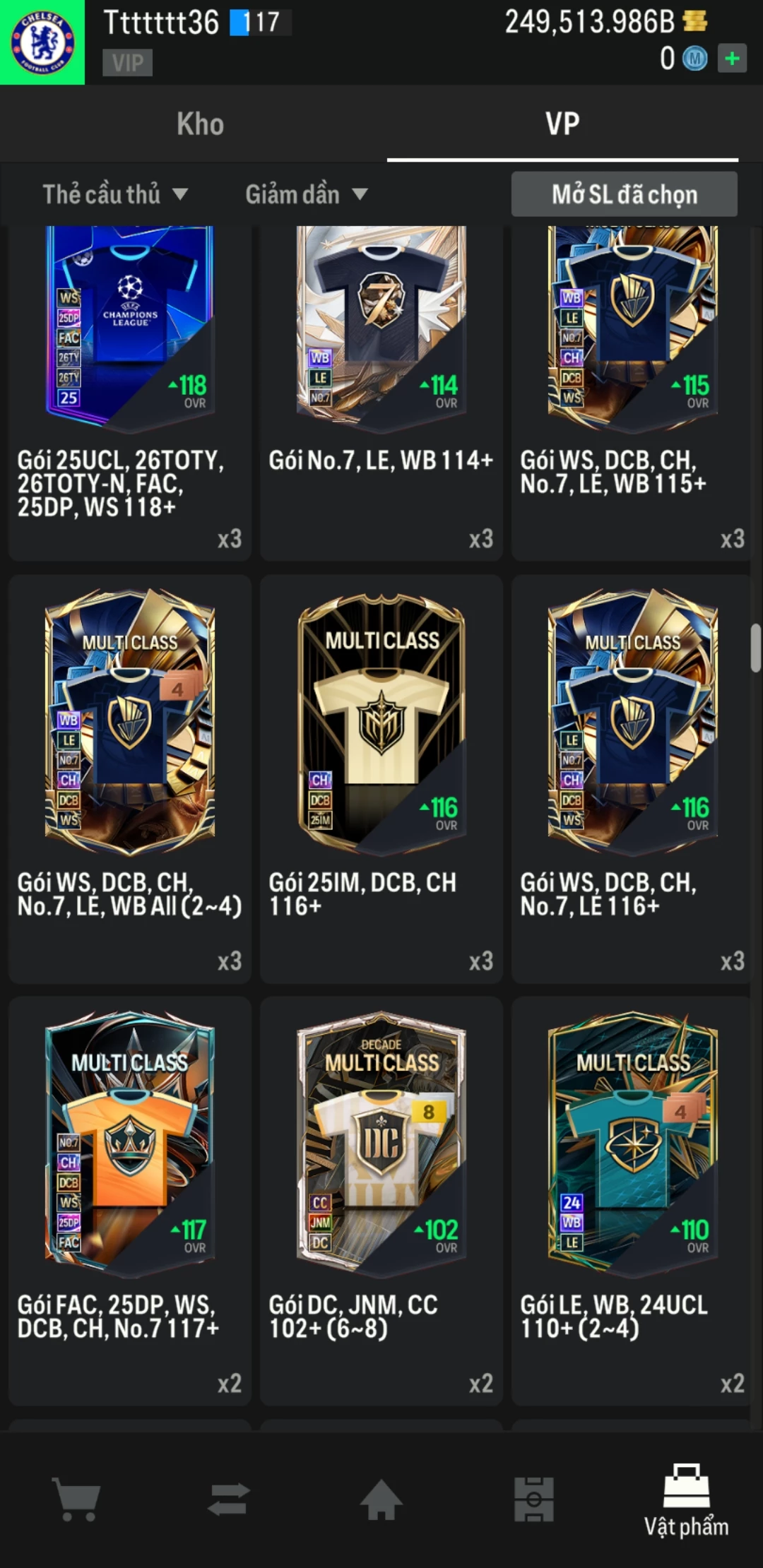 Ảnh ACC mở thẻ (LOẠI SVIP PROMAX) bao gồm có 02 thẻ +12, 04 thẻ PRIME (QH+, CP+, XS+, HĐ+) và hơn 1600+ thẻ cầu thủ từ Siêu sao đến Miền núi các loại. Acc có sẵn BP trắng từ 230.000 tỷ BP đến 250.000 tỷ BP kèm theo nhiều ngày SVIP